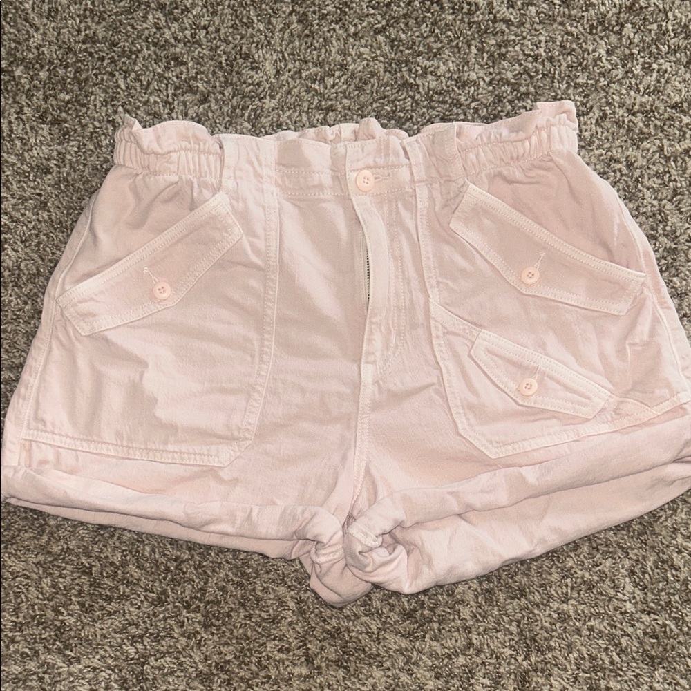American Eagle High-Waisted Light Pink Stretch Paperbag Denim Cargo Shorts Sz 12